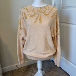 Jaclyn Smith Vintage Silk Angora Blend Beaded Sequin Bow Sweater Peach Small